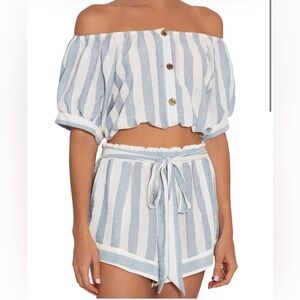 New! Eberjey Umbrella Stripes Harper Top - Zen Blue/Cloud Size M